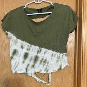 Forever 21 Fringe Back Crop Top Green and White